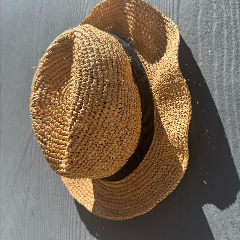 J Crew Packable Straw Raffia Hat with Black Ribbon Size M/L - Picture 3 of 9